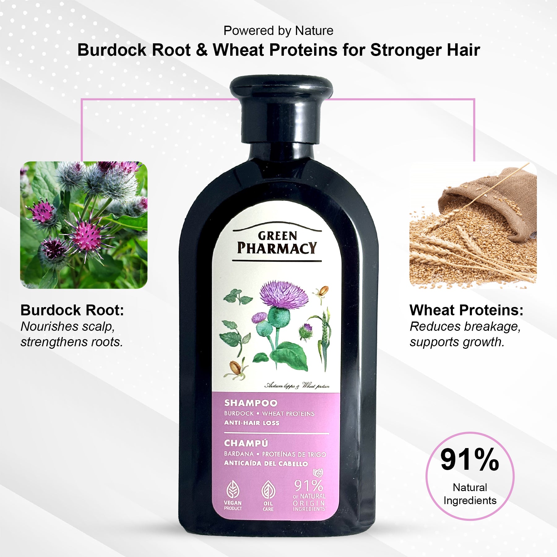 Burdock & Wheat Proteins Anti-Hair Loss Shampoo - Strengthens Hair, Reduces Breakage & Supports Growth - Gentle Daily Formula, 350ml / 11.83 fl. oz. Vegan 91% Natural Ingredients