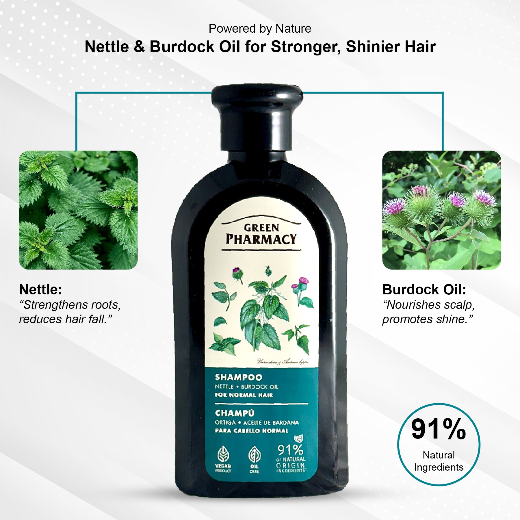 Nettle & Burdock Oil Shampoo for Normal Hair, 350 ml / 11.83 fl.oz – Strengthens Hair, Enhances Shine, Nourishes Scalp. Vegan 91% Natural Ingredients