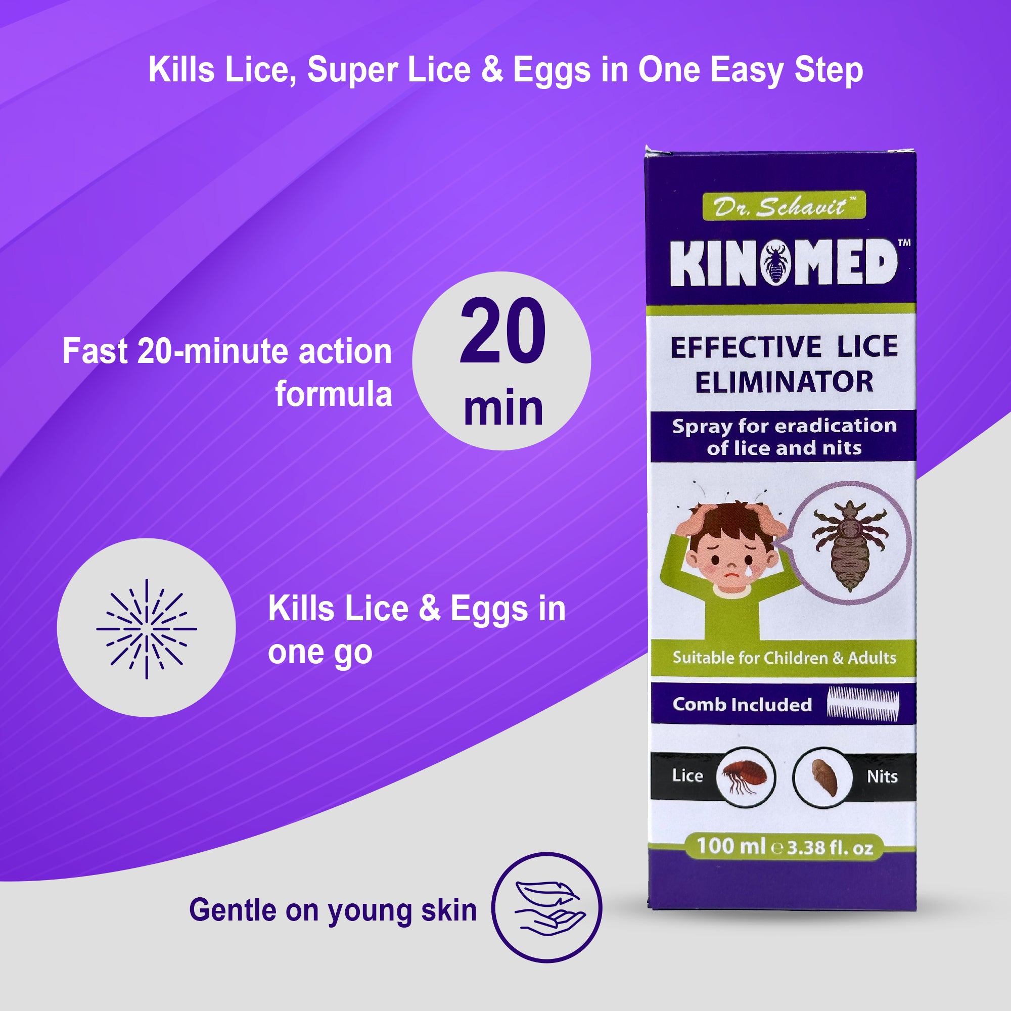 KINOMED Effective Lice Eliminator Spray | Eradicates Lice & Nits | Safe for Children & Adults | Comb Included | Preservative-Free | Dimethicone 95% Formula