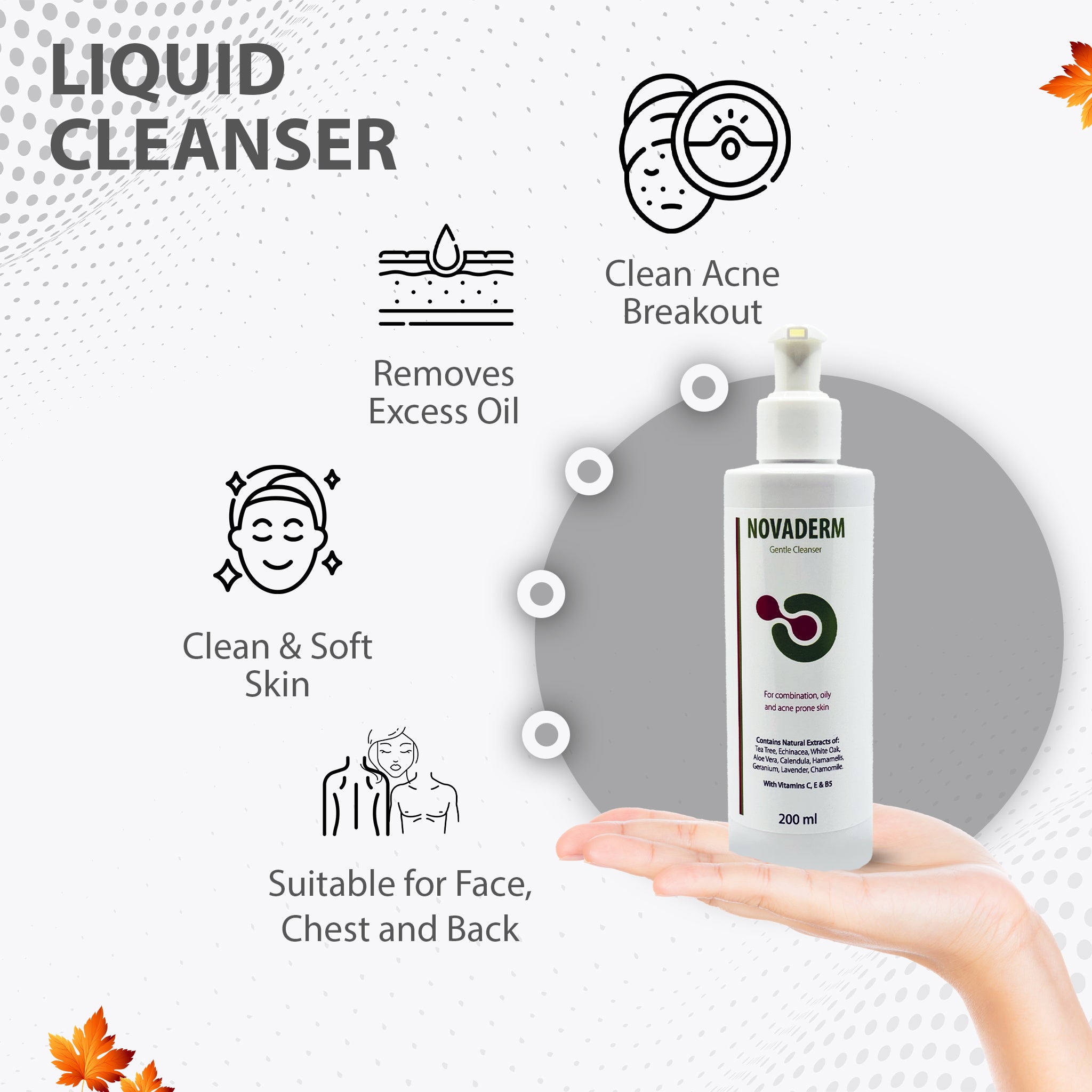 Novaderm Gentle Cleanser For Combination, Oily and Acne Prone Skin. Face Wash For The Treatment and Clearing of Pimples. Removes Blackheads. 200ml/6.76Fl.Oz