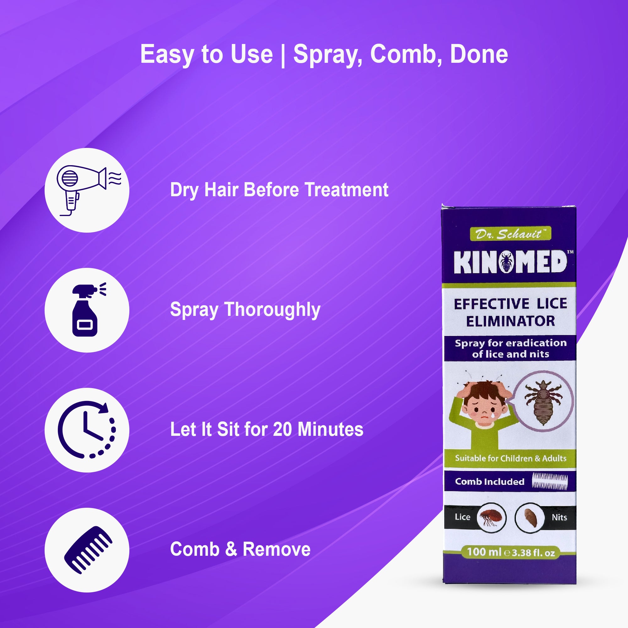 KINOMED Effective Lice Eliminator Spray | Eradicates Lice & Nits | Safe for Children & Adults | Comb Included | Preservative-Free | Dimethicone 95% Formula
