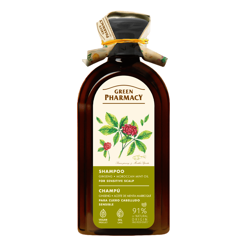Ginseng & Moroccan Mint Oil Shampoo for Sensitive Scalp - Stimulates Hair Growth, Soothes & Refreshes - Gentle Cleanser for Dry, Irritated Scalp, 350ml / 11.83 fl. oz. Vegan 91% Natural Ingredients