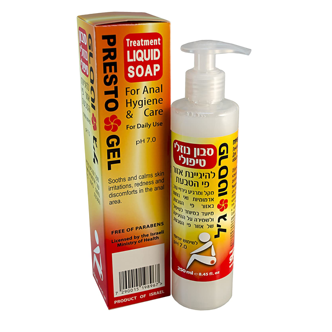 Presto Gel Hemorrhoid Treatment Liquid Soap. Soothes and calms skin irritations, redness, and discomforts in the anal area. pH 7.0